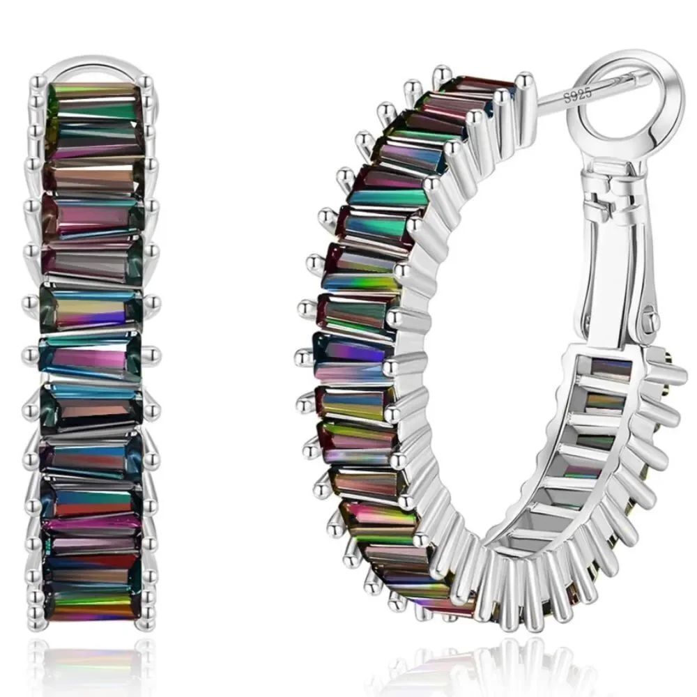 14K White Gold with Rainbow Topaz Cubic Zirconia Drop Hoop Leverback Earrings